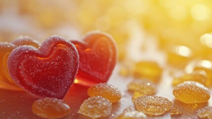 Canvas Print -  a couple of heart shaped candies sitting on top of a table next to a pile of gummy bears.