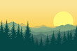 Beautiful vector landscape of forest and mountains silhouettes at sunrise or sunset. Natural landscape of mountains and wild forest in haze or fog for poster, design or print.