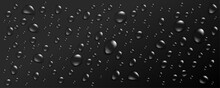 Water Drops On Black Metallic Background, Realistic 3d Droplet Vector