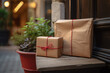 paquetes envueltos con papel marrón y lazo rojo posados sobre una mesa junto a un jarrón con planta, sobre fondo desenfocado de una terraza urbana