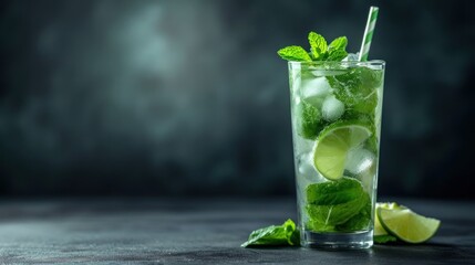 Poster -  a glass of mojito with limes and mints on a black table with a dark back ground.