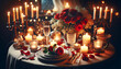 An elegantly set table for a romantic candlelit dinner, creating a warm, intimate ambiance for Valentine's Day. AI Generated.