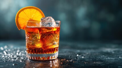 Wall Mural -  a close up of a glass of ice tea with an orange slice on the rim of the glass and ice cubes on the rim.