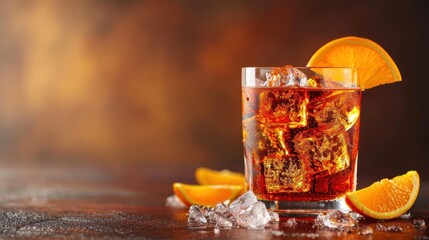 Wall Mural -  a close up of a glass of soda with ice and orange slices on a table with a blurry background.