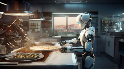  humanoid robot cooking pizza in the kitchen at the restaurant generativa IA