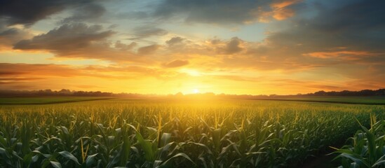 Wall Mural - Sunset in an open corn field.