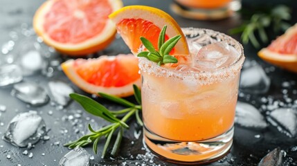 Wall Mural -  a grapefruit cocktail garnished with a sprig of rosemary and sliced grapefruits.