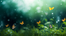 Abstract Natural Spring Background With Butterflies And Green Grass Light Rosy Dark Meadow Flowers Closeup With Sun Rays And Light.