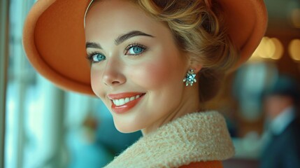 a smiling retro style woman with hat