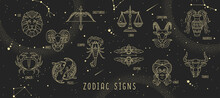 Modern Magic Witchcraft Astrology Background With Zodiac Constellations In The Night Sky. Vector Illustration