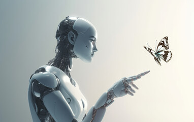 a robot girl on a light background, touching a flying, living, real butterfly with her finger 