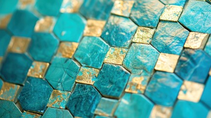 Wall Mural -  a close up view of a blue and gold mosaic tile with gold flecks on the edges of the tiles.