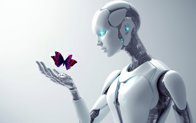 robot girl on a light background, touching a flying butterfly with her finger 