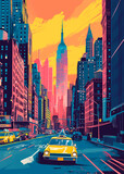 Fototapeta  - Minimalist illustration of New York City with a retro style and multiple colors. USA. skyscrapers, manhattan and typical yellow taxis