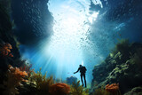 Fototapeta Do akwarium - Person in scuba diving attire explores the underwater world, studying marine life and biodiversity, investigates the impact of global warming and climate change on ocean ecosystems