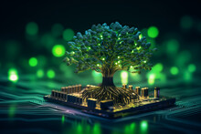 Generative AI Illustration Of Digitally Created Image Of Ree With Foliage Growing From A Circuit Board Illustrating The Concept Of Technology