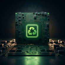 Generative AI Illustration Of Circuit Board With A Glowing Green Recycle Symbol At The Center Placed On An Electronic Motherboard