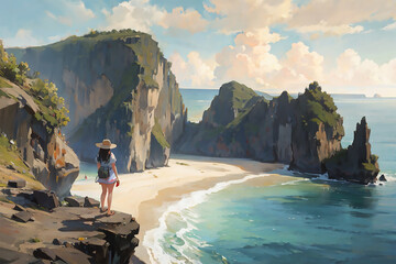 Wall Mural - a girl standing in a clef in front of a ocean