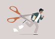 A staff layoff concept represented by a young character metaphorically pursued by a menacing pair of scissors, symbolizing the looming threat of downsizing due to changes in business priorities
