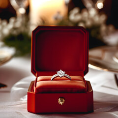 engagement ring in red box on served table restaurant 