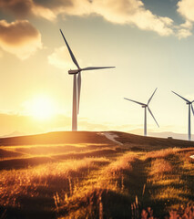 green energy concept banner design with wind turbines landscape at sunset. renewable solar and wind 
