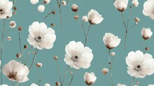  A Group Of White Flowers On A Teal Background With Lots Of Brown And White Flowers In The Middle Of The Picture.