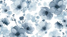  A Watercolor Painting Of Blue And White Flowers On A White Background With A Black And White Outline Of The Flowers.
