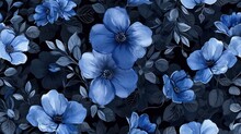  A Bunch Of Blue Flowers That Are On A Black And Blue Background With Leaves And Flowers In The Middle Of The Picture.