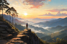 A Person Standing In A Clef Of A Mountain Enjoying The Sunset View
