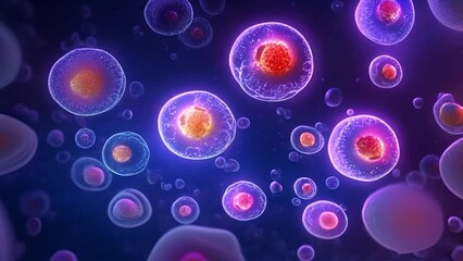 Wall Mural - 3D Animation of Cell division under a microscope. Dividing and Multiplying Cells. Cell mitosis concept. Inside Human Body. Human cells moving life