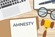 amnesty word written in the case files, flat lay composition with laptop, gavel, eyeglasses, pen and notebook- vector illustration