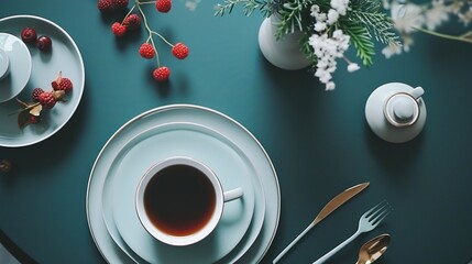 Wall Mural -  a close up of a plate with a cup of coffee and a plate with a fork and knife on it.