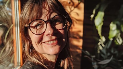 Wall Mural -  a close up of a person wearing glasses near a potted plant and a window with a potted plant in the background.