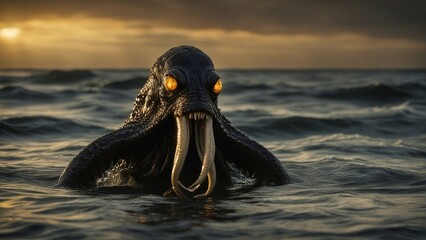 on the beach a massive and fearsome horror monster with a scaly skin, glowing yellow eyes, and tenta