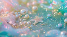 Multiple Pearls And Small Starfish Nestled On Sandy Beach Glittering Under Soft Light