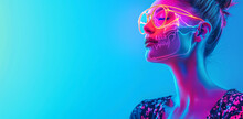 Close Up View Side Profile Shot Of Beautiful Woman Face In Glasses With Anatomical X-ray Skeleton Details. Bright Led Neon Lights, Pink And Blue Color Background With Copy Space