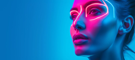 Wall Mural - Close up side profile view of woman with neon lights details on her beautiful face. Bright led lights, pink and blue color background with copy space