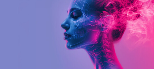 Wall Mural - Close up view side profile shot of beautiful woman face with anatomical x-ray skeleton details. Bright led neon lights, pink and blue color background with copy space
