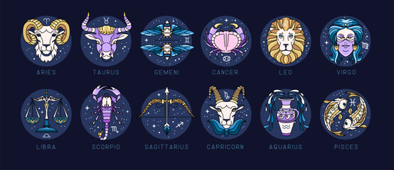 Wall Mural - Set of modern cartoon astrology zodiac signs isolated on blue background. Set of Zodiac icons. Vector illustration