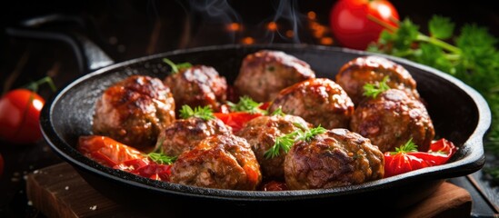 Sticker - Croatian cevapi, spicy meatballs in a skillet with tomatoes and onions.