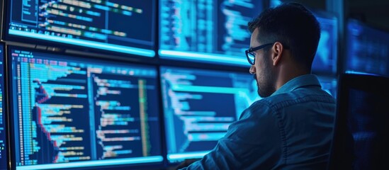 IT Specialist in Technical Data Center with Coding Language Program on Computer Monitors.