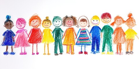 Generative AI, Pencil drawn art by child, naive kids illustration of different multiethnic people, diversity concept on white background	
