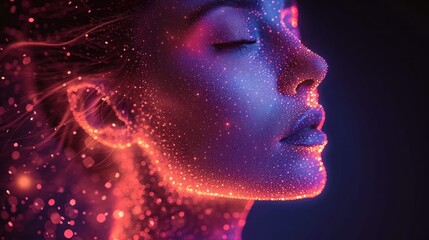 Wall Mural -  a close up of a woman's face with her eyes closed and her hair blowing in the wind and glowing stars in the background.