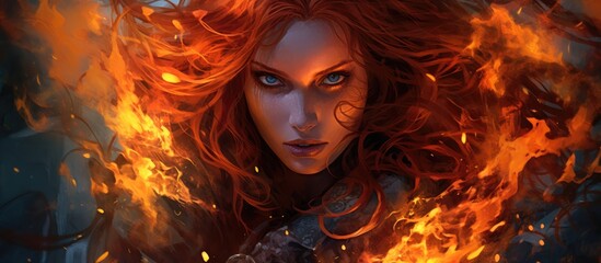 Wall Mural - Fiery flames are held by a malevolent red-haired sorceress.