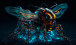 Cyber neon fly in digital space background. Glowing 3d purple robot bee sitting on techno web with mechanical wings and legs for futuristic design