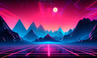 Synthwave mesh neon road with cyber mountains background. Glowing 3d night with purple digital clouds and straight highway going to moon on horizon in 80s vaporwave design
