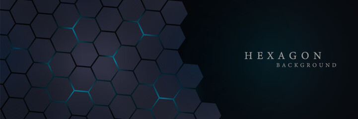 Wall Mural - Dark gray and blue horizontal hexagonal technology abstract vector background. Red bright energy flashes under the hexagon in a wide banner of futuristic modern technology. vector