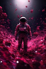 Wall Mural - abstract illustration of astronaut floating in outer space, dreamlike cosmonaut in space suit flying on purple clouds of cosmos, astronomy concept