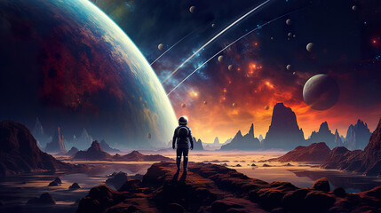 colorful illustration of astronaut in space suit and helmet exploring alien planet with mountains and stars and moons on night sky, astronomy concept 