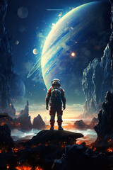 Wall Mural - colorful illustration of astronaut in space suit and helmet exploring alien planet with mountains and stars and moons on night sky, astronomy concept 